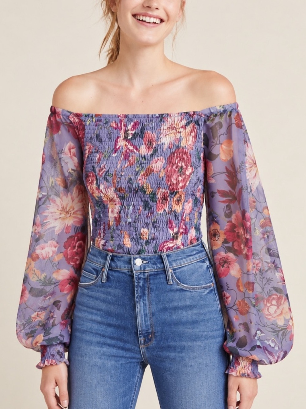 Anthropologie Rouen floral smocked off shoulder Top Size Small 57257